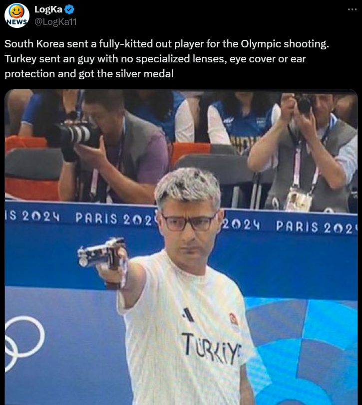 Yusuf Dikeç - LogKa News South Korea sent a fullykitted out player for the Olympic shooting. Turkey sent an guy with no specialized lenses, eye cover or ear protection and got the silver medal Is 2024 Paris 202 2024 Paris 202 Turkiy